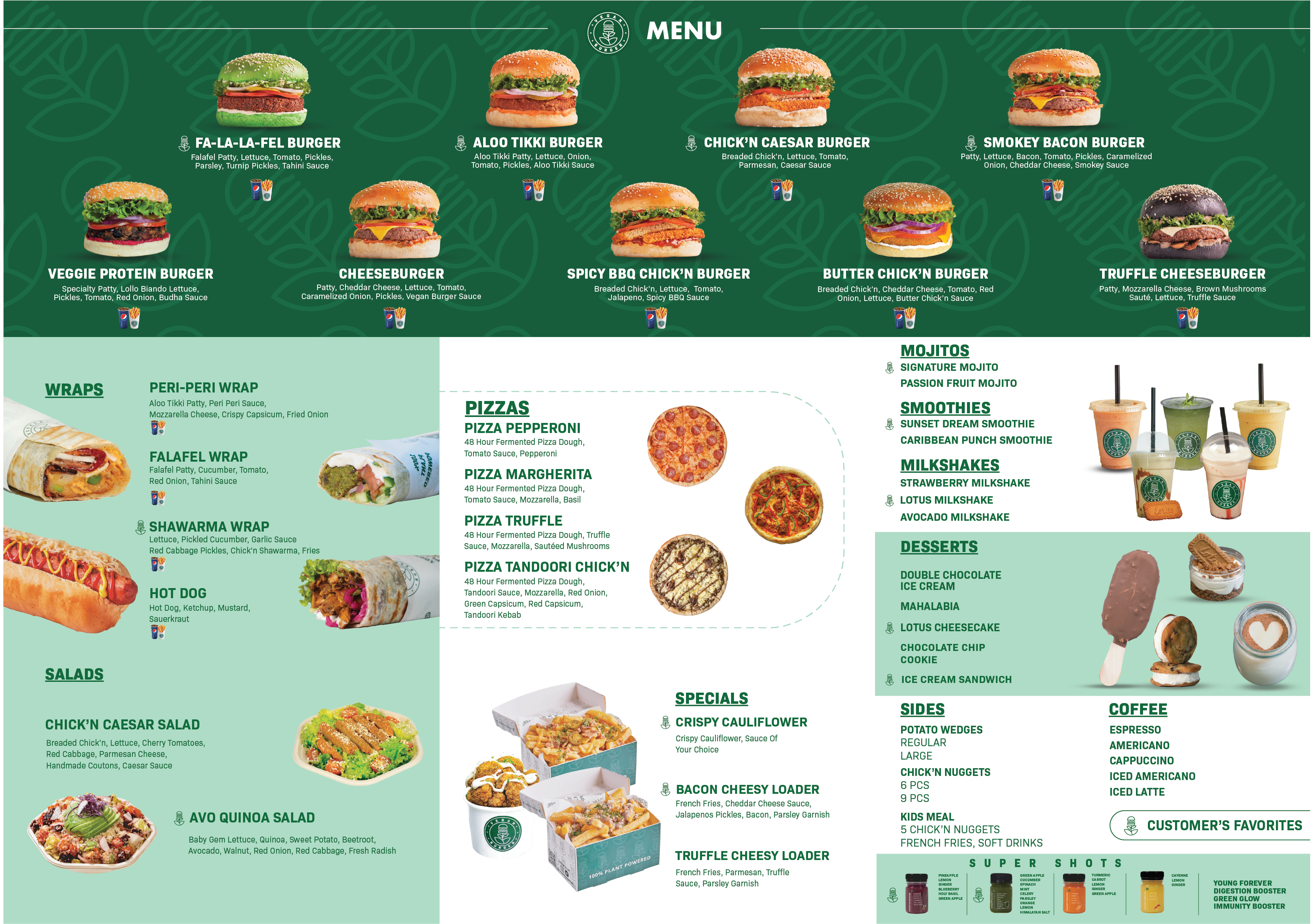 Vegan Burger Complete Menu - Burgers, Wraps, Pizzas, Salads, Sides, Drinks, and Desserts